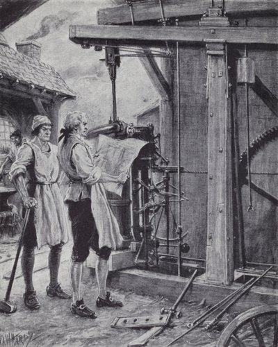 James Watt bei der Arbeit an der Dampfmaschine von Paul (after) Hardy