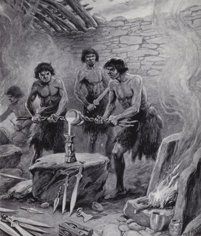 Männer, die während der Bronzezeit in einer Gießerei arbeiten (Lithografie) von Paul (after) Hardy
