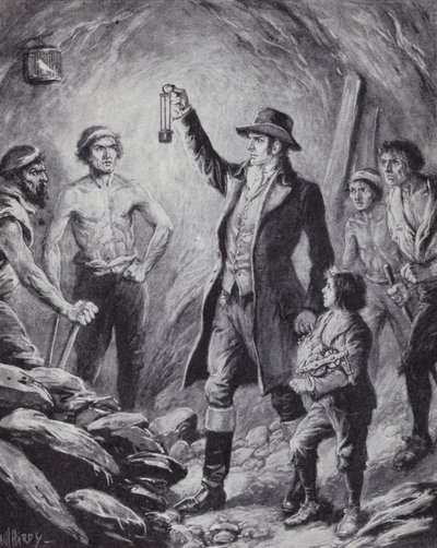 Sir Humphrey Davy und seine Erfindung der ersten Sicherheitslampe für Bergleute von Paul (after) Hardy
