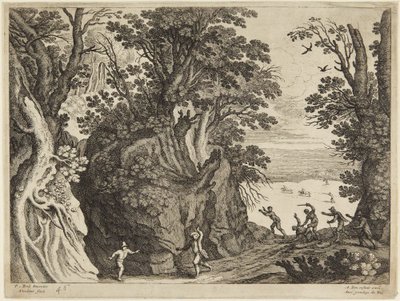 Kampf unter Männern in felsiger Landschaft von Paul Bril