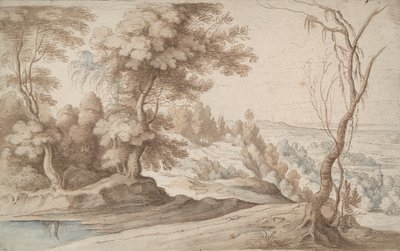 Landschaft mit Bäumen und Blick ins Tal von Paul Bril