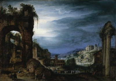 Römische Ruinenlandschaft mit einer Prozession von Paul Bril