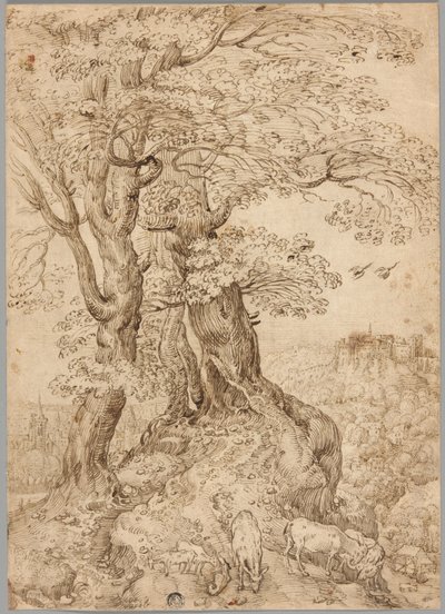 Bewaldete Landschaft mit Eseln und Ziegen und Schloss in der Ferne von Paul Bril