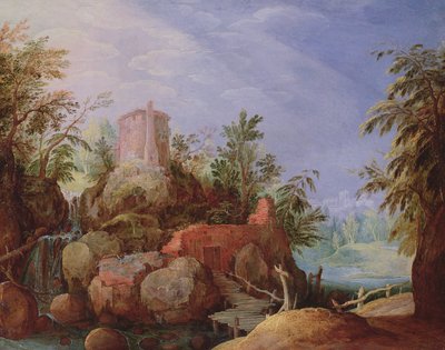 Fantastische Landschaft mit Wasserfall und Brücke von Paul Bril