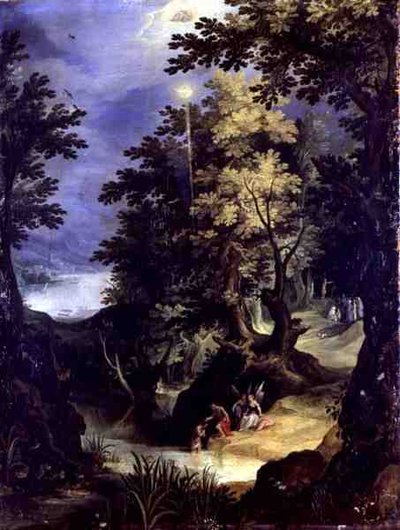Landschaft, die die Taufe Christi und die Taufpredigt darstellt von Paul Brill or Bril