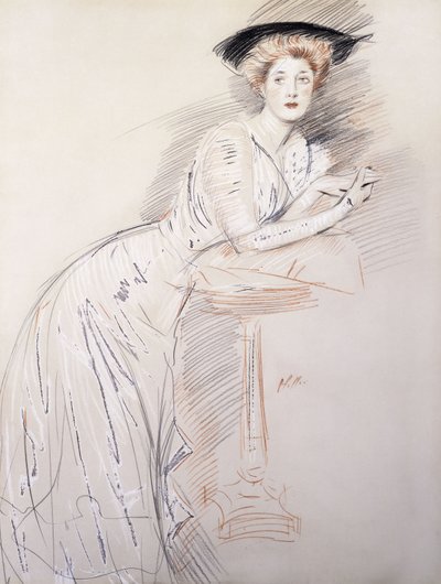 Porträt von Miss Taylor, die sich auf einen Tisch lehnt von Paul Cesar Helleu