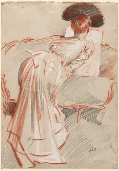 Frau (möglicherweise Madame Alice Hellu) betrachtet eine Zeichnung, ca. 1895 von Paul Cesar Helleu