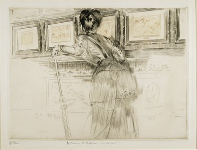 Frau betrachtet Watteau-Zeichnungen im Louvre, ca. 1895 von Paul Cesar Helleu