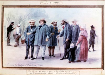 Der französische Schriftsteller Honoré de Balzac (1799-1850) und seine Freunde als Bauern verkleidet in der Stadt Avray im Jahr 1840 von Paul Chardin