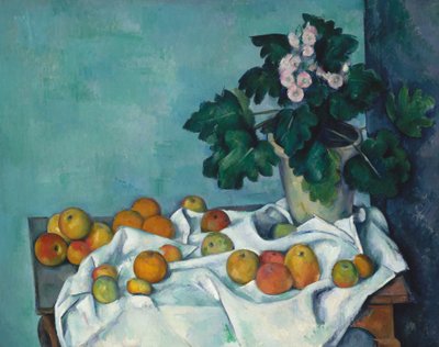 Stillleben mit Äpfeln und einem Topf Primeln, ca. 1890 von Paul Cézanne