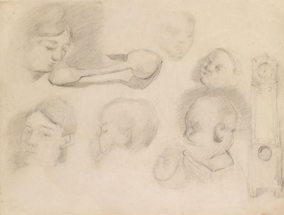 Studien eines Kinderkopfes, eines Frauenkopfes, eines Löffels und einer Standuhr, ca. 1872 von Paul Cézanne