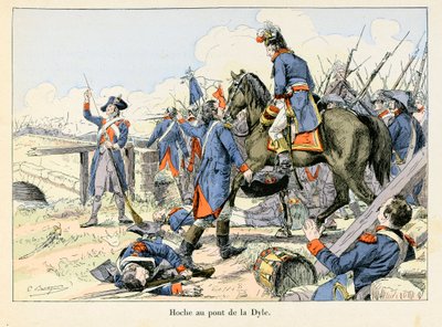 Hoche an der Brücke von Dyle: Im März 1793 deckte Lazare Hoche den Rückzug beim Übergang der Dyle vor Leuven (Belgien) gegen die Österreicher - Illustration von Emile Boutigny in „Hoche-Marceau-Desaix“ von Theodore Cahu von Paul Émile Boutigny