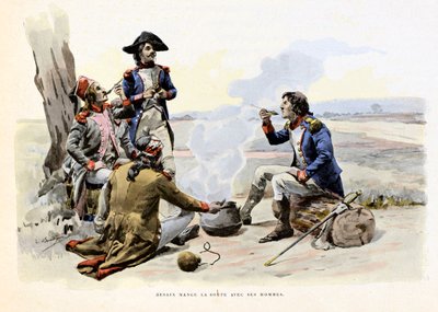 Louis Charles Antoine Desaix de Veygoux (1768-1800) isst mit seinen Männern Suppe - Illustration von Emile Boutigny (1853-1929) in „Hoche-Marceau-Desaix“ von Theodore Cahu (1854-1928) - Private Sammlung von Paul Émile Boutigny