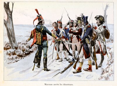 Marceau hält Deserteure auf: François-Séverin Desgraviers Marceau (1769-1796) hält die Soldaten der republikanischen Armee in der Vendée (85) auf - Illustration von Emile Boutigny (1853-1929) in „Hoche-Marceau-Desaix“ von Théodore Cahu (1854-1928) - Privat von Paul Émile Boutigny