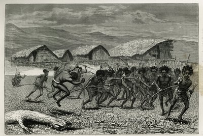 Abstieg der Papus Arfaks Krieger in Dorey (Neuguinea), Gravur von E. Mesples, zur Illustration der Reise nach Neuguinea von Achille Raffray, beauftragt mit einer wissenschaftlichen Mission durch das Ministerium für öffentliche Bildung, 1876-1877, veröffent von Paul Eugene (after) Mesples