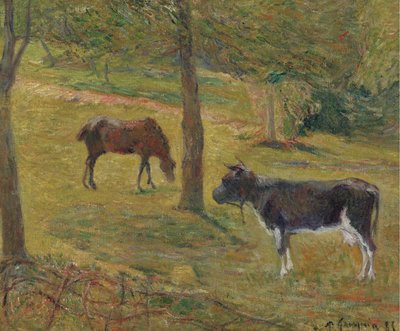 Kuh und Pferd auf einer Wiese von Paul Gauguin