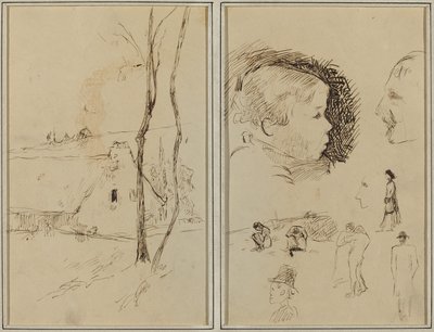 Landschaft mit einem Häuschen; Profil eines Jungen, Profil eines Mannes, zwei Frauen in einer Landschaft und fünf weitere Studien [verso] von Paul Gauguin