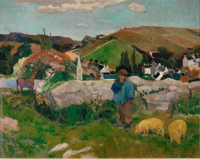 Bauern, Schweine und ein Dorf unter klarem Himmel von Paul Gauguin