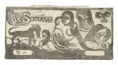 Drei Personen, eine Maske, ein Fuchs und ein Vogel, Kopfstück für Le sourire von Paul Gauguin
