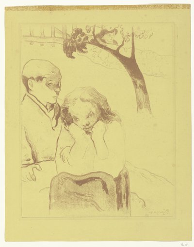Traurige Frau sitzt bei einem Mann von Paul Gauguin
