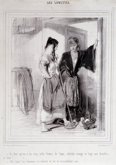 Zwei arme Frauen im Gespräch auf der Treppe über Männer, „Les Lorettes“, Gavarni, ca. 1840 von Paul Gavarni