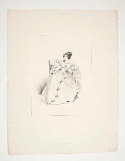ROBE DE BAL. Coiffure Jouenne, fleurs de Nattier. von Paul Gavarni