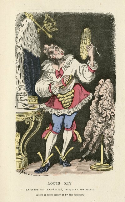 Illustration von Hadol (1835-1875) in Histoire de France tintamarresque, ca. 1880 - Makeup, Ancien regime, Sonne, Perücke - Ludwig XIV. von Paul Hadol