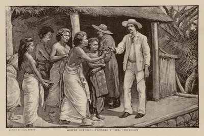 Frauen bieten Robert Louis Stevenson Blumen an (Gravur) von Paul Hardy