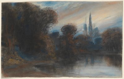 Eine Abtei an einem bewaldeten See bei Dämmerung von Paul Huet