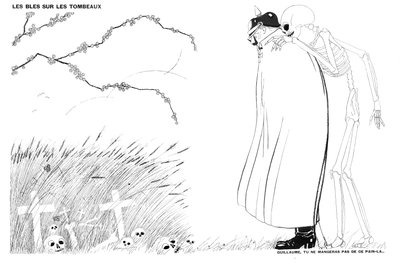 Der Tod sagt Kaiser Wilhelm, dass er niemals Brot essen wird, das aus Weizen gewachsen auf den Leichen und Gräbern französischer Soldaten gemacht wurde, 13. April 1916 von Paul Iribe