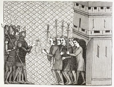 Nach der Eroberung einer Stadt im 14. Jahrhundert kapituliert die Garnison und wirft sich auf die Gnade ihrer Eroberer. Nach einer Miniatur aus dem 14. Jahrhundert in Histoire du Monde von Paul Lacroix