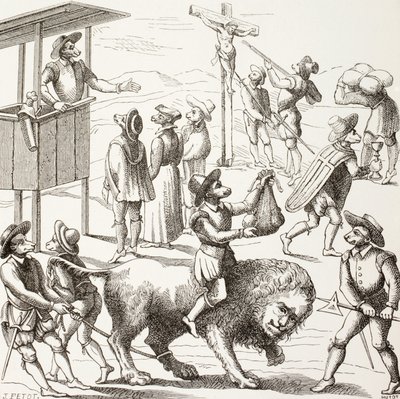 Allegorisches Bild der Exzesse, die den Hugenotten zugeschrieben werden. Der zahme Löwe repräsentiert ein von den Ketzern und ihren Praktiken geschwächtes Frankreich. von Paul Lacroix