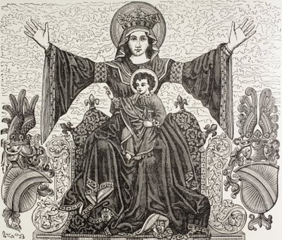 Altes Banner der Stadt Straßburg, Frankreich. Es zeigt das Bild unserer Lieben Frau, der die Stadt im 13. Jahrhundert geweiht wurde. Das Banner wurde 1870 während eines Bombardements zerstört von Paul Lacroix