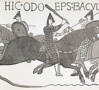 Bischof Edues hält seinen Amtsstab und ermutigt die Soldaten des Herzogs der Normandie in der Schlacht von Hastings. Nach einem Detail im Teppich von Bayeux von Paul Lacroix