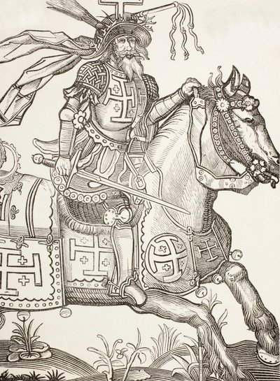 Gottfried von Bouillon, ca. 1060 - 1100, mittelalterlicher fränkischer Ritter. Ein Anführer des Ersten Kreuzzugs. Hier mit den Instrumenten der Passion Christi gekrönt. Nach einem Holzschnitt aus dem 15. Jahrhundert von Paul Lacroix