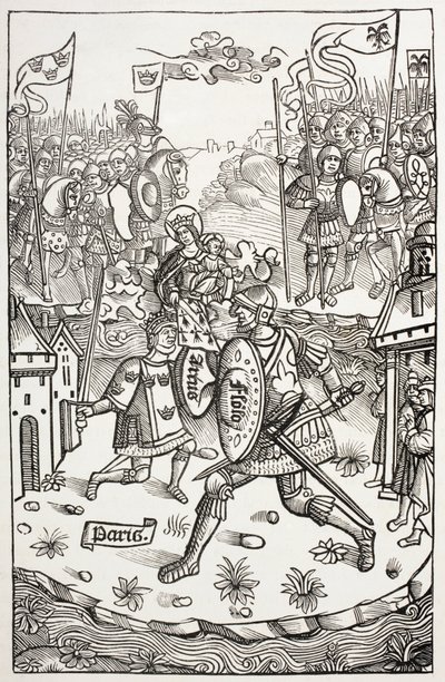 König Artus, oder Arthur, von der Jungfrau beschützt, kämpft gegen einen Riesen. Nach einem Holzschnitt in Chroniques de Bretagne, von Alain Bouchard, veröffentlicht 1514 von Paul Lacroix