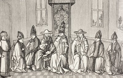 Peter der Einsiedler überbringt die Botschaft von Simeon, Patriarch von Jerusalem, an Papst Urban II. von Paul Lacroix