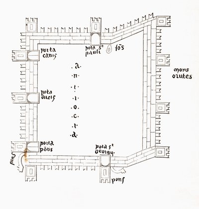 Plan von Antiochia im 13. Jahrhundert mit seinen fünf Toren. Nach einem Manuskript aus dem 13. Jahrhundert von Paul Lacroix