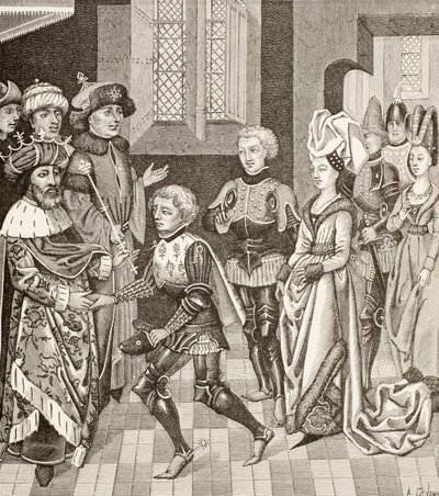 Empfang von Gautier-Sans-Avoir durch den König von Ungarn, der ihm erlaubt, mit den Kreuzfahrern durch sein Gebiet zu ziehen, während des ersten Kreuzzugs von Paul Lacroix