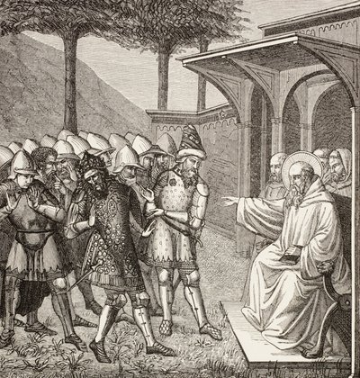 St. Benedikt von Nursia tadelt Baduila alias Totila, König der Ostgoten, dafür, dass er ihn getäuscht hat, und sagt seinen Tod voraus von Paul Lacroix