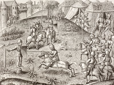 Ritterturnier an einer Quintane, der drehbaren Figur eines Ritters. Nach einer Miniatur in den Chroniques de Charlemagne des 15. Jahrhunderts von Paul Lacroix