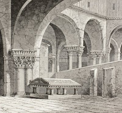 Grab von Gottfried von Bouillon, ca. 1060 - 1100, wie es in der Grabeskirche in Jerusalem existierte. Das Grab ist jetzt zerstört. Nach einer Zeichnung, die 1828 vor Ort gemacht wurde von Paul Lacroix