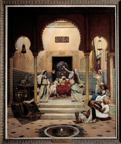 Die östlichen Tänzerinnen (Bauchtanz) in einem Harem unterhalten einen Pascha. Gemälde von Paul Bouchard (1853-1937) 1893 von Paul Louis Bouchard