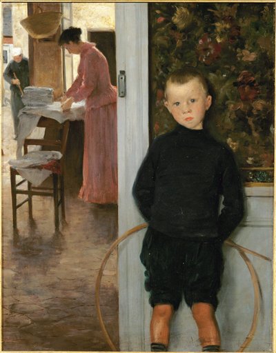 Kind und Frau in einem Zimmer von Paul Mathey