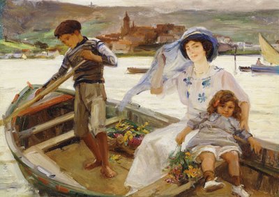 Eine Mutter und ein Kind werden über einen Fluss mit einer Stadt im Hintergrund übergesetzt von Paul Michel Dupuy
