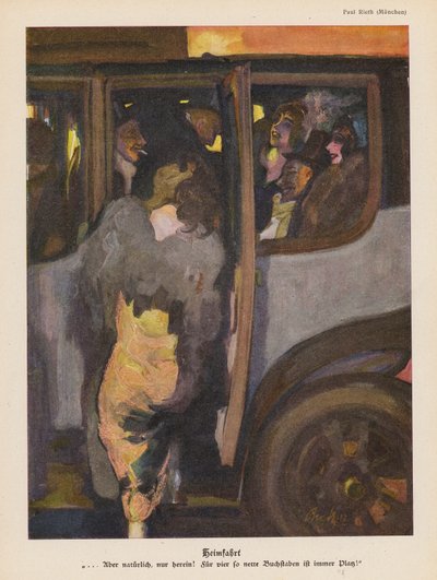 Frau steigt nach einer Nacht aus dem Auto (Farblithografie) von Paul Rieth