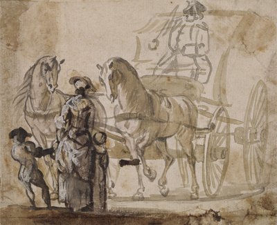 Eine Kutsche und ein Paar, mit Kutscher von Paul Sandby