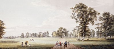 Reiter in einer Allee im Park von Luton, mit Figuren in einem Phaeton und Bauern links von Paul Sandby