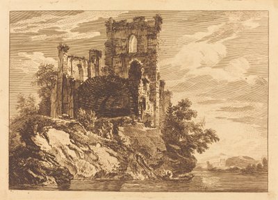 Ruinen an einem Fluss mit einem Mann in einem Boot von Paul Sandby