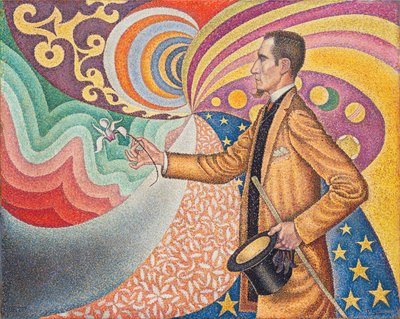 Opus 217. Gegen den Emaille eines Hintergrunds rhythmisch mit Schlägen und Winkeln, Tönen und Farbtönen, Porträt von Felix Feneon im Jahr 1890 von Paul Signac